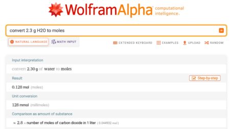 Shows WolframAlpha screen after converting 2.3 grams of water to moles. 