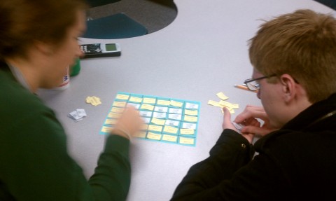 Two students playing the Antiderivative Block game.