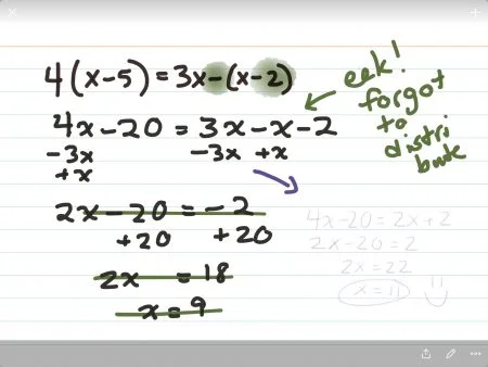 Worked math problem with cross-outs and restarts and notes to self.