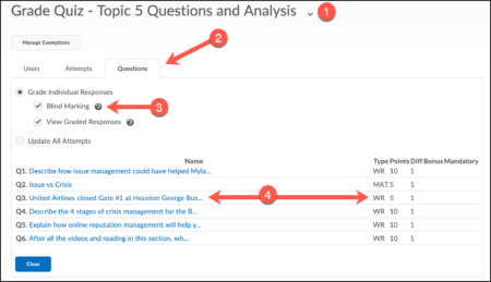 Screenshot of the Brighspace page where sighted users choose options with their cursor (all steps are described in the regular text)